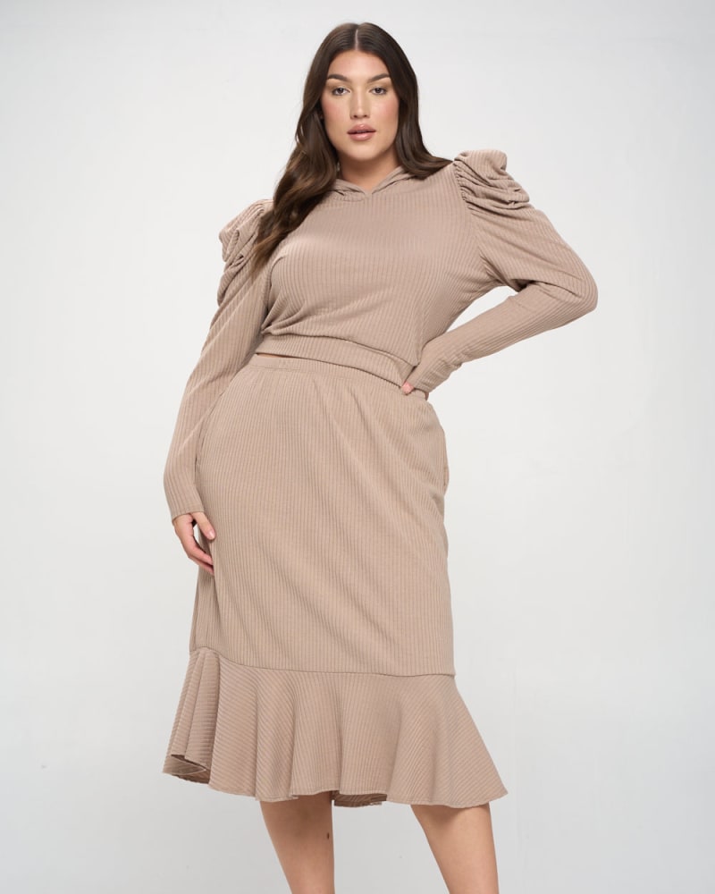 Front of a model wearing a size 1X Carmen Top and Skirt Set in Khaki by L I V D. | dia_product_style_image_id:240641